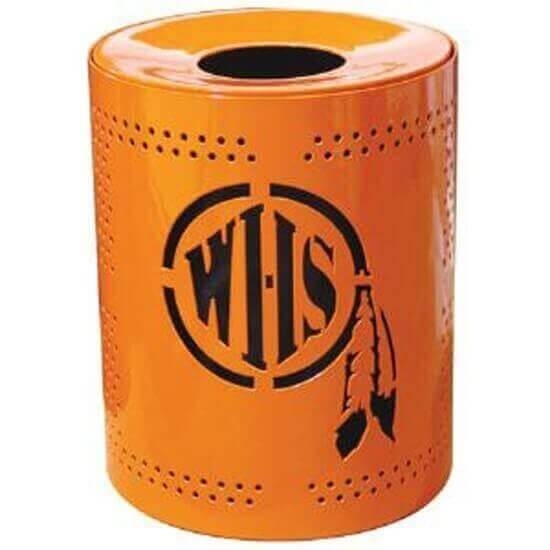 Bright orange 32-gallon thermoplastic trash receptacle featuring a custom laser-cut logo panel and flat top lid for schools and community parks.